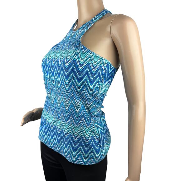 New Island Escape St. Martin Blue High Neck Zigzag Cutout Back Tankini Top 6 - Picture 3 of 6